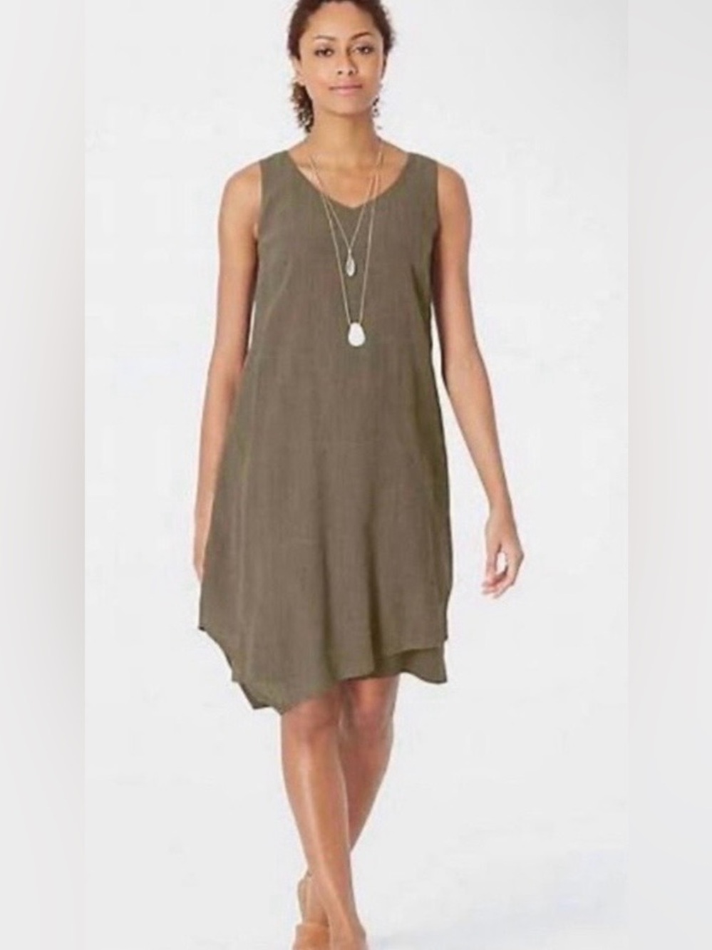 J.Jill Crinkle Sleeveless Olive Midi Dress with Asymmetrical Hem